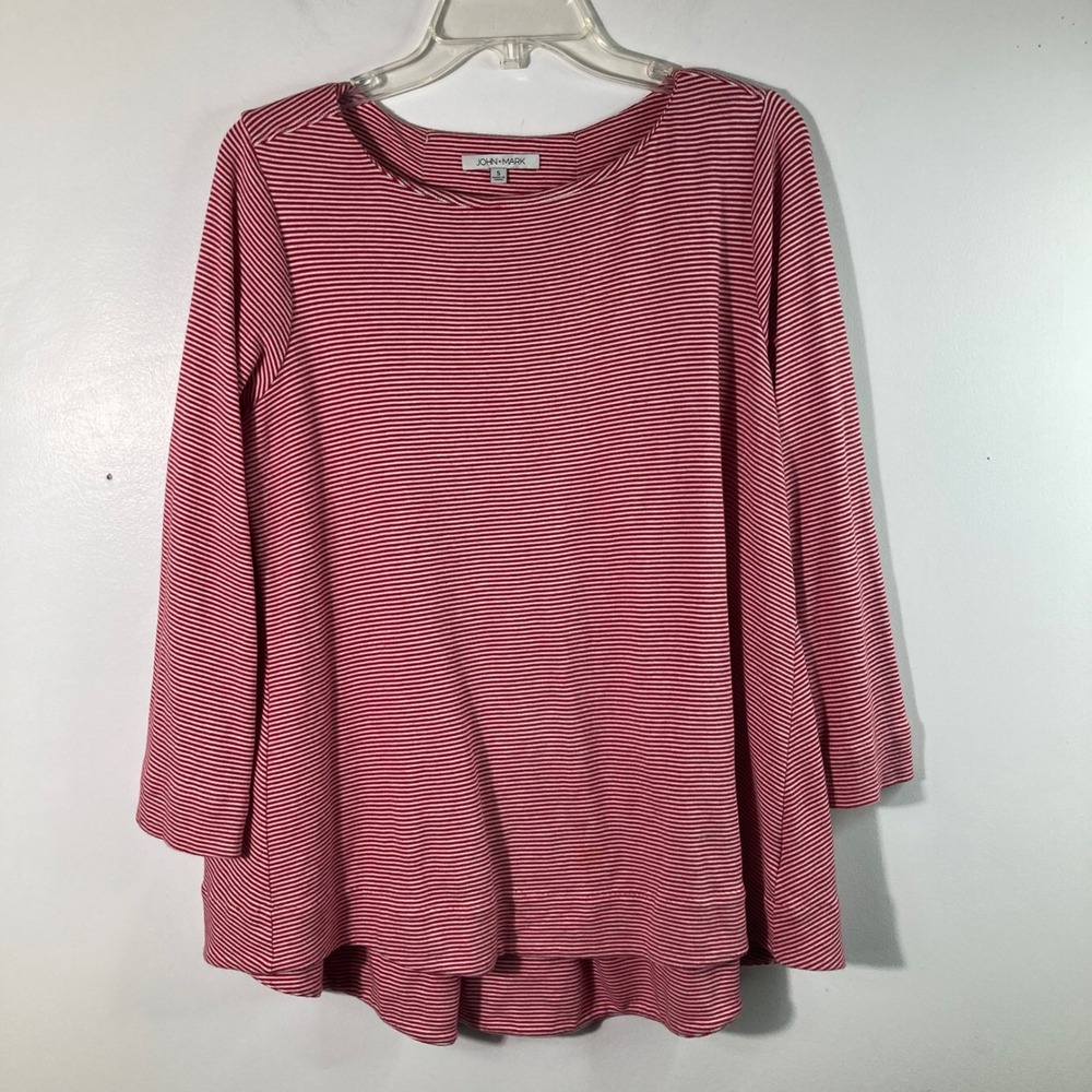 Womens John Mark Striped Knit Hi Lo Tunic Red White S Cotton 3/4 Sleeve